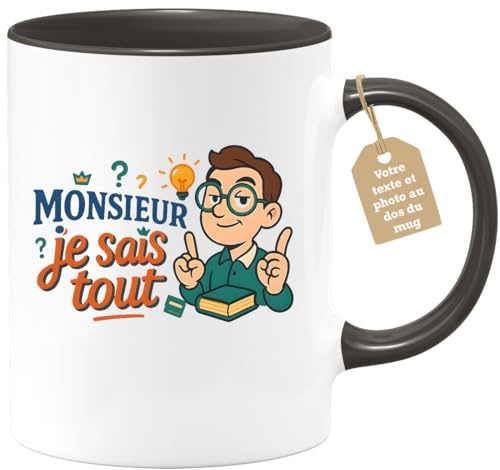 quotedazur Café-Croissant - Mug Personnalisé Tasse Cadeau Noël Monsieur Je Sais Tout - Noir/Céramique