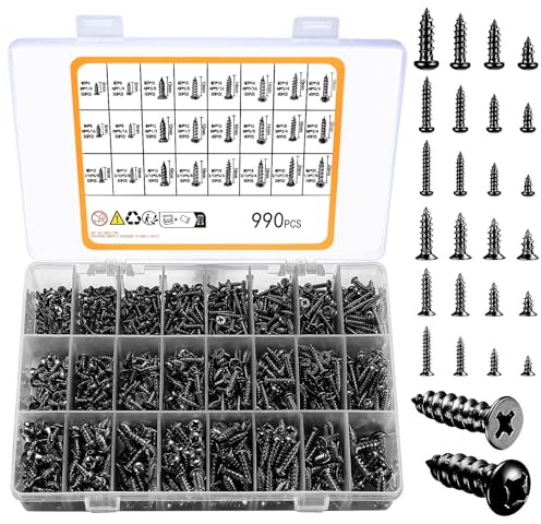 990pcs Self Tapping Screws Assortment Set, M3/M4/M5/M6 Stainless Steel Sheet Metal Screws, Phillips Drive Wood Screws Set for Deck Drywall Concrete Screws(500pcs Flat Head, 490pcs Round Head)