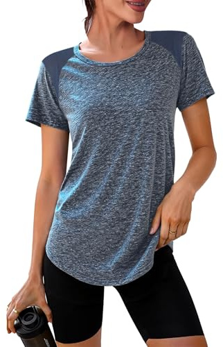 Crewhpo Women's Gym Shirts Short Sleeve Sports T-Shirt Lightweight Moisture Wicking Quick Dry Back Mesh Activewear Tees Running Tops