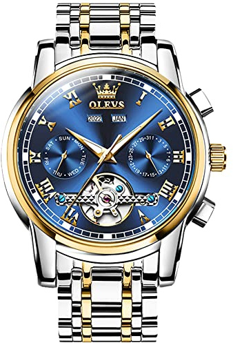 OLEVS Montre Homme Mécanique Automatique Tourbillon Calendrier Étanche Lumineuse Bicolore 6607- Bleu/Doré