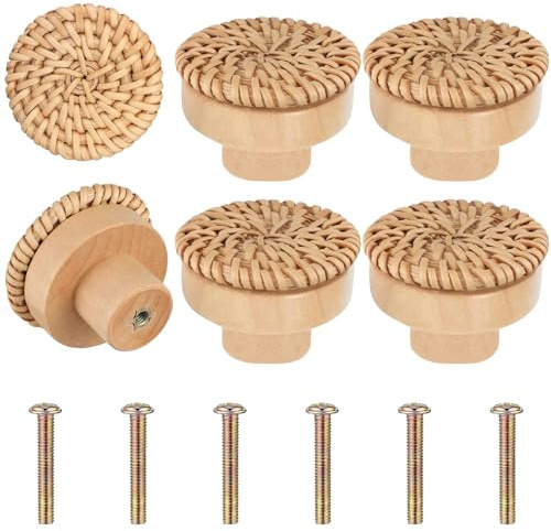 wadafen 6Pcs Wooden Drawer Knobs Cupboard Door Knobs | Round Boho Rattan Wardrobe Door Knobs with 6 Pcs Screws for Furniture