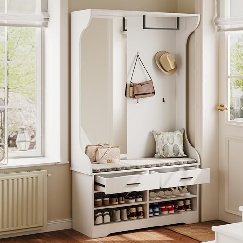 CXHLXYR Ensemble de Porte-Manteaux,Vestiaire d'entrée 104x35x180 cm avec Miroir, 2 Tiroirs, 4 Crochets,Porte-Chaussures et Banc Rembourré pour entrée Chambre à Coucher Salon (Blanc-A, 104x35x180 cm)