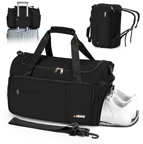 HENMI 43L Sporttasche & Reisetasche für Herren und Damen (Schwarz) | Groß gymbag mit Schuhfach & Nassfach, Faltbare Gym Tasche für Sport und Travel.Sport Tasche, Fitness Rucksack Trainingstasche
