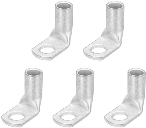 sourcing map 2/0AWG - 7/16 Copper Wire Lugs, 90 Degree Bent Battery Cable Ends Battery Lugs Ring Terminals Connectors Bare Copper Eyelet for Marine Electrical Supplies (Silver, 5Pcs)