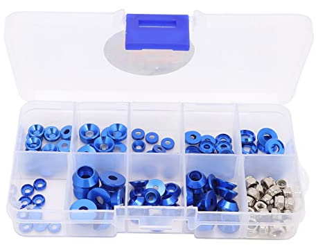 MAPHRWZ Kit de arandelas de tornillo RC de aleación de aluminio mecanizado CNC para coches de control remoto a escala 1/10 1/8, juntas anodizadas ligeras con ajuste preciso y (Azul)
