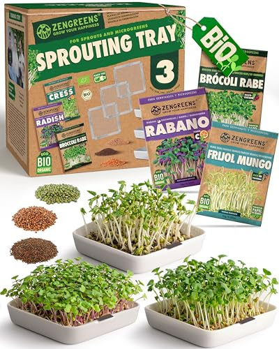 zengreens® Bandeja de germinación Bio - Set de 3 - Plato germinador con Rejilla - Incluye: bandejas y Semillas (Berro, brócoli y rábano)