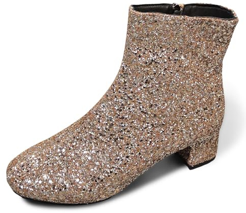 Bottes de style britannique pour femme - Couleur unie - Décoration à paillettes - Talon épais - Fermeture éclair latérale - Bottines courtes, or, 39 EU