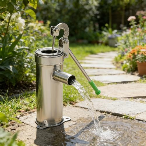Mqwdxzfes Pompa manuale a manovella in acciaio inox, pompa di aspirazione manuale con manico antiscivolo e altezza di aspirazione di 8 m, pompa da giardino per fontane, pompa manuale per il trasporto