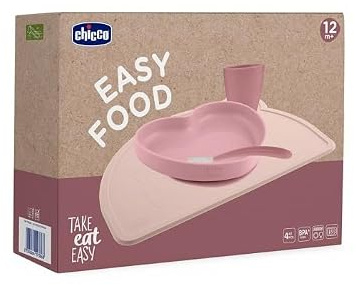 Chicco Set Pappa in Silicone Easy Food 12m+ | Set Svezzamento 4 Pezzi con Piatto Ventosa Antiscivolo, Tovaglietta, Mini Tazza con Bordo Inclinato e Cucchiaio Morbido | 100% Silicone Senza BPA