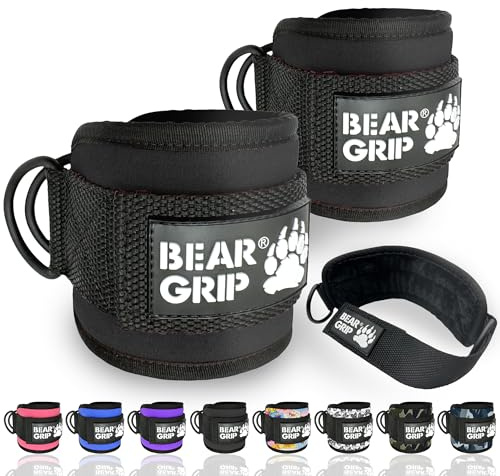 BEAR GRIP - Ankle Straps for Cables with New Fleece Design - Strong Closure, Double Stainless Steel D-Ring, Adjustable Neoprene - For Men & Women (Black - Pair)