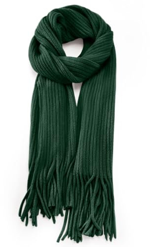 Anjing Schal Damen mit Fransen, Kaschmir Gefühl Schals Kuschelige Warme Winter Schal Dick Einfarbig - Dunkelgrün