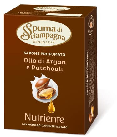 Spuma di Sciampagna - Saponetta Fragranza Argan e Patchouli, con azione Igienizzante e Antibatterico di Origine Naturale, Dermatologicamente Testato - 90g