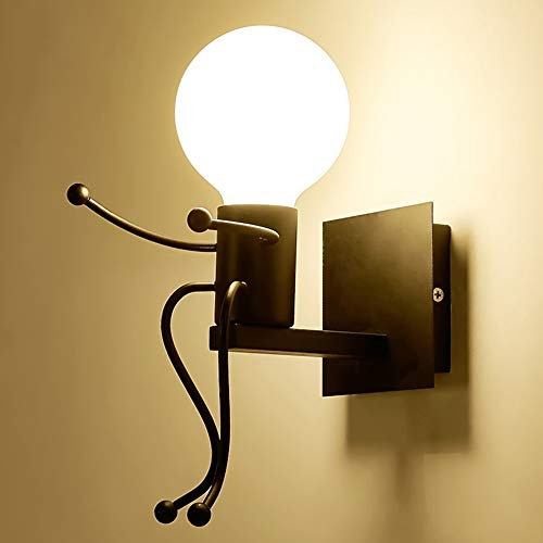 Humanoid Creativo Vintage Lampada da Parete Industriale LED Retro Applique da Parete Lampada a Muro Supporto in Ferro Art Deco E27 per Bar,Camera da Letto,Cucina,Ristorante,caffè,Corridoio(Nero)