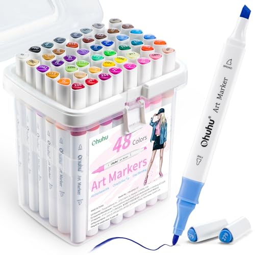 Ohuhu markers, 47+1 colori Pennarelli ad alcool con doppia punta fine e a scalpello Facile sfumatura per artisti studenti Colorare Disegnare Schizzare Illustrazioni Anime e Manga