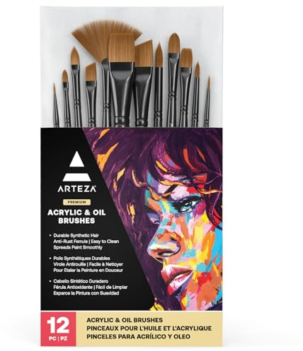 ARTEZA Paint Brushes Set of 12, Acrylic and Oil Paint Brushes with Synthetic Hair, Rust-Resistant Ferrules and Birch Wooden Handles for Canvas, Crafts, Blending, Layering, and Detail Work