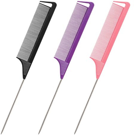 Rat Tail Combs Set: 3Pcs Long Steel Pin Teasing Combs for Salon Hair Stylists, Metal Parting Combs for Women (Purple, Black, Pink)