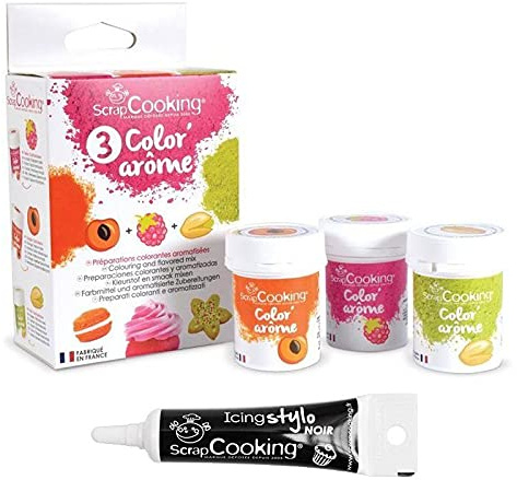 3 colorantes alimentarios frambuesa-albaricoque-pistacho + tubo de glaseado negro