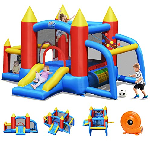COSTWAY Château Gonflable avec Toboggan et Souffleur, Aire de Jeux Gonflable avec Maison de Saut et Piscine, But de Football, 60 Boules, Intérieur Extérieur, Charge 90kg pour 3-10 Ans