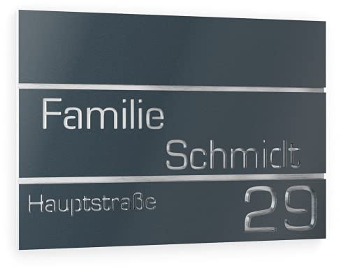 Graviers Design Hausnummer aus V2A Edelstahl 250x175mm - Anthrazit RAL 7016 - Rostfrei UV-beständig Individuell anpassbar Straße Nummer Familie Name - Made in Germany