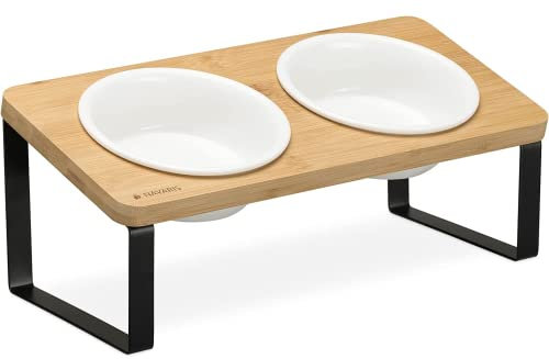 Navaris 2X Fressnapf aus Keramik mit Metall Ständer - Katzennapf Hundenapf 2 Stück im Set - Erhöhter Futternapf Katze Hund - Napf in Schwarz Natur