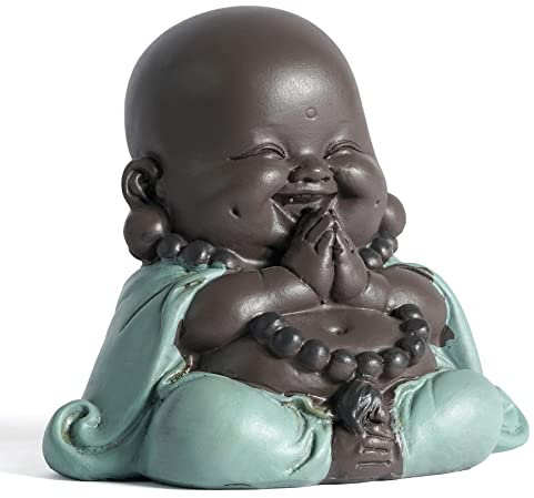 JUJOYBD Kleiner Lachender Buddha, Niedliche Mönch Statue, Keramik Ornamente klein Buddha-Figur, Geschenk Tisch Dekoration, Betende 7.5cm Hoch Grün