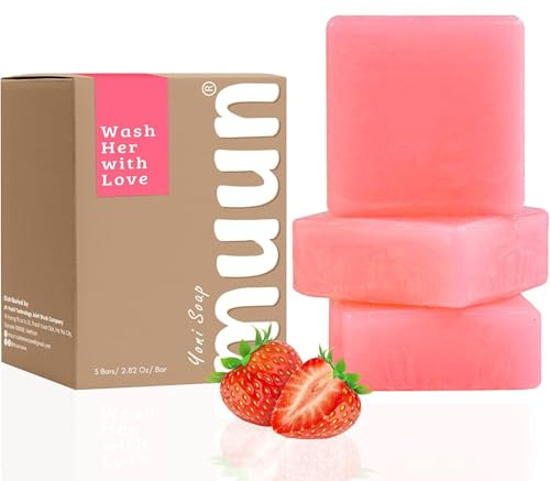 Muun Strawberry Yoni Soap Bar - Pack 3 pH Balancing Cleanser - Probiotics & Natural Ingredients - Gentle Cleansing Formula Eliminates Odor Vaginal Health - Feminine Wash - Moisturizing Intimate