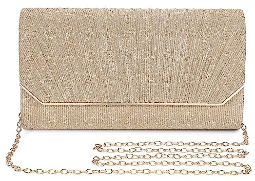 Asvert Abendtasche Damen Clutch Elegant Brauttasche Handtasche Hochzeit Damen Kettentasche Mädchen klein Umhängetasche für Party Freizeit(Gold)