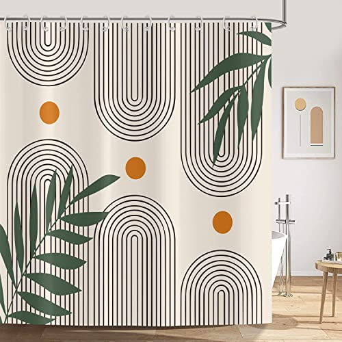 ASDCXZ Duschdraperi i bohemisk stil, modern abstrakt konst, tvättbart, vattentätt, i polyestertyg, för bad, med 12 draperikrokar, gröna löv, orange sol, linje, beige, 180 x 200 cm