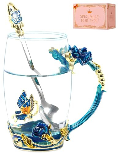 DasyFly Birthday Gifts For Women,Butterfly Flower Glass Tea Cup Sky Blue Rose Coffee Mug Gift For Women Mom Wife Sister Coworker Female Friend on Christmas Anniversary Valentines Mothers Day Presents