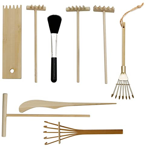 Lot de 9 mini râteaux zen pour jardin zen - Kit de jardin en sable de roche avec boîte - Kit de jardin zen - Mini râteaux en bambou pour sable japonais