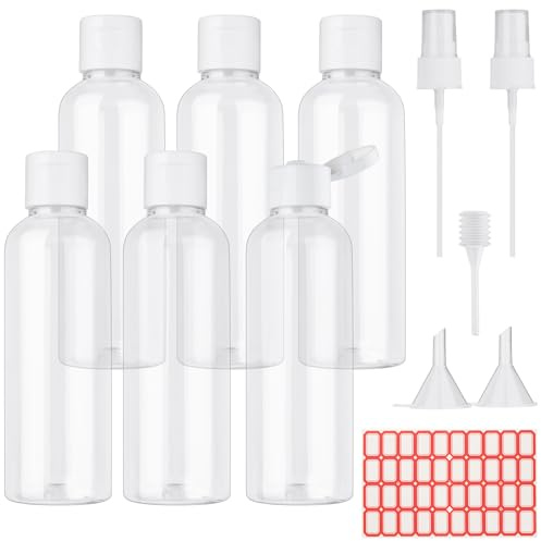 XWCHASA 6 Pcs Travel Bottles, 100ml Refillable Clear Empty Plastic Travel Bottles with Funnels and Labels, Travel Size Cosmetic Bottles Containers Bottles for Travel or Cosmetic
