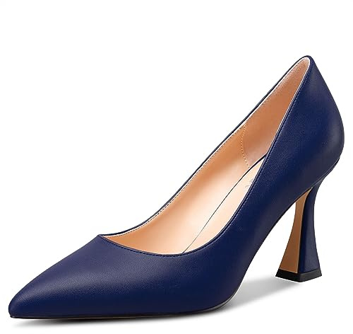 NobleOnly Femmes Mi Talon Heel Slip-on Fermé Pointu Bout Classique Dress Escarpins Décontracté Bureau Été Chaussures 8.5 CM Heels Bleu Marine 39 EU
