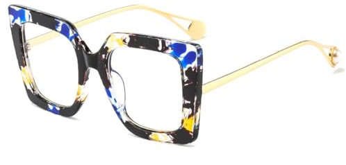 MUTYNE Modischer, übergroßer, quadratischer Damen-Brillenrahmen, klare Gläser, Retro-Metall-Bunt-Cat-Eye-Brillenrahmen für Herren, blaues Muster, Einheitsgröße