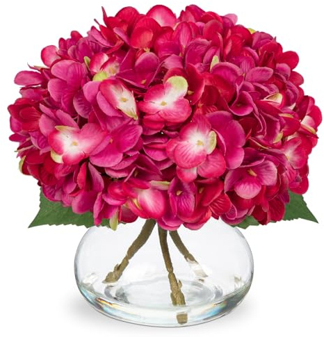 Oairse Hydrangea Artificial Flowers in Vase with Faux Water Silk Hydrangea Flower Fall Flora Arrangement for Home Office Wedding Table Centerpiece Thanksgiving Autumn Decorations - Fuchsia