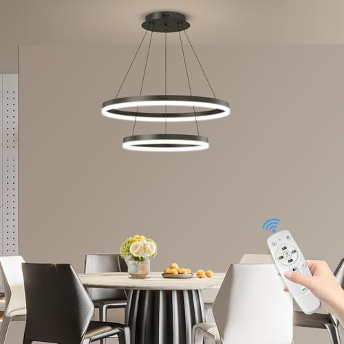 Modern LED Dimmable 2 Ring Pendant Light, 20+40cm Dimmable 3000K/4500K/6500K Dining Room Pendant Light, Height Adjustable 1.5M Chandelier for Dining Room, Kitchen