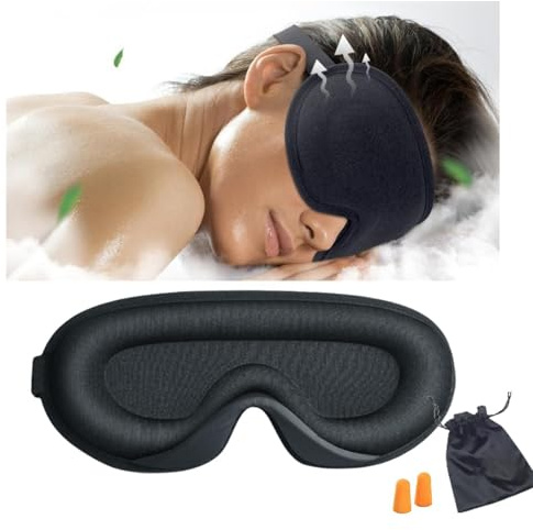 JIIJCAAC 3D Contoured Sleep Mask with Earplugs - Blackout Eye Mask for Travel, Meditation & Sleep, Includes Storage Pouch (Black)
