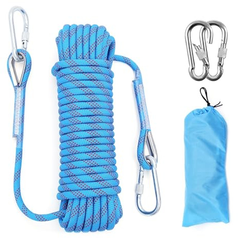 Corda da arrampicata professionale, 10 mm x 10 m, corda da arrampicata statica con due moschettoni, corda di sicurezza multifunzionale per fuga, campeggio, escursionismo (blu)