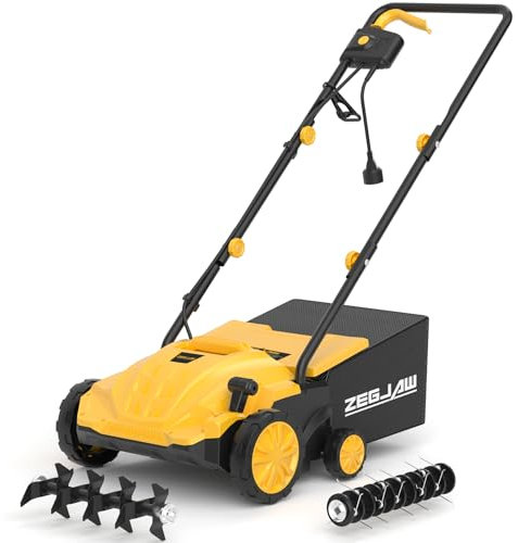 ZEGJAW Electric Dethatcher and Scarifier, 13” 12Amp Lawn Dethatcher with 4-Position Depth Adjustment, 30L Collection Bag, 2 in 1 Walk Behind Thatch Removing for Lawn