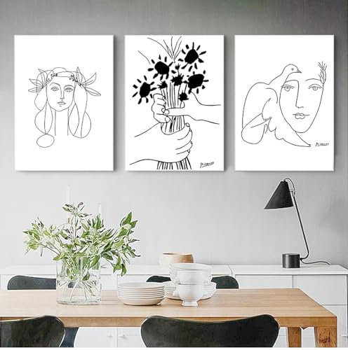 GKUVBF Picasso Strichzeichnungen, Leinwanddrucke, Skizzen, Frau, Blumenstrauß des Friedens, Gemälde, Poster, minimalistische Wandkunst, Wanddekoration, 30 x 40 cm, 3-teilig, rahmenlos