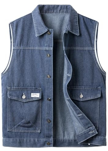 Yukirtiq Chaleco de Jeans para Hombre Vintage Denim Chaqueta sin Manga de Tela Vaquera Corte Entallado Chaleco de Mezclilla, Azul, L