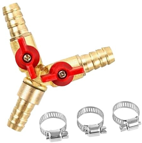 3 Way Hose Connector Y Splitter Ball Valve for Joinery Faucet Air Water Gas Pagoda Pointed Valve with Stainless Steel Pipe Clamp(8mm)