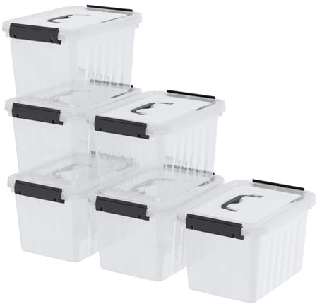 Sosody 6 L Latch Lidded Storage Box, Clear Plastic Storage Boxes with Black Handles, 6 Packs