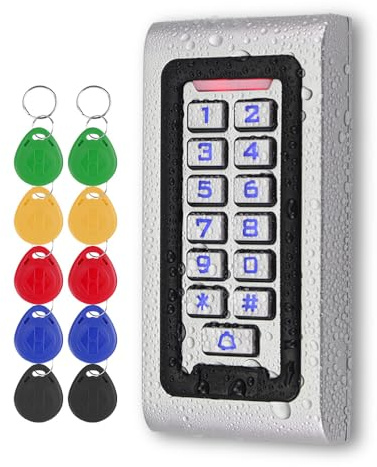 FUSYTULY 125KHz Metall RFID Zugangskontrolle Tastatur IP68 Wasserdichtes Standalone Zugangscontroller Passwort Türöffnung System, WG26-Leser, mit 10PCS RFID Schlüsselkarten