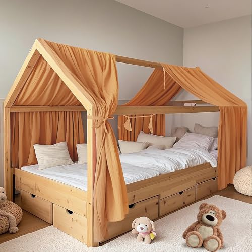 FloraVigo Hausbetthimmel 2 Stück, handgefertigt aus 100% Baumwoll-Musselin, Stoffhimmel zur Hausbettdekoration, für Mädchen und Jungen (2er Set 65 x 270cm Senfgelb)
