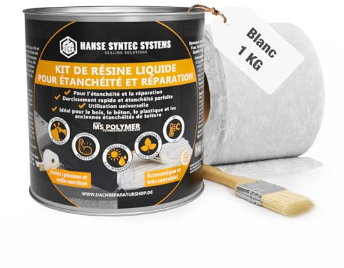 Kit de Membrane d'Étanchéité - Incl. un pinceau et un non-tissé - Joint exterieur et interieur - Colle Étanche pour Fissures & Fuites – Directe Sans Primaire – Tous Matériaux (Blanc, 1kg)