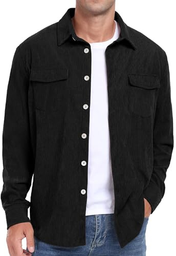 QUNERY Chemise Velours Homme Veste Chemise Boutonnée à Manches Longues Chaude Chemise Automne Hiver Homme avec Poches à Rabat Noir M