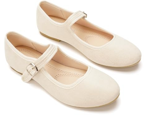 GLAMORA Chaussures Merceditas Mary Jane pour femme, boucle dorée réglable, semelle antidérapante plate type ballerines, blanc, 39 EU