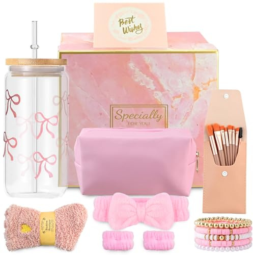 Geburtstagsgeschenk für Frauen - 14 15 16 Geburtstag Mädchen, Beste Freundin Geschenke, Lustige Teenager Mädchen Geschenk, Trinkglas mit Strohhalm, Schminkpinsel Kosmetiktasche Armband Socken Haarband