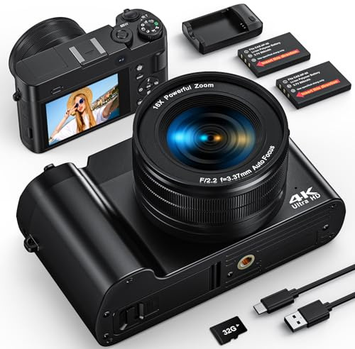 Cámara digital, cámara digital 4K 64MP para fotografía, vlogging, cámaras selfie con tarjeta de memoria de 32G, pantalla de 2.8 pulgadas, antivibración, enfoque automático, luz flash, zoom digital de
