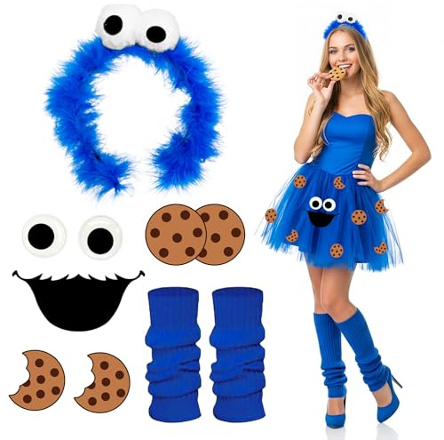 Singtis Krümelmonster Kostüm Damen Fasching – Cookie Monster Kostüm mit Tüllrock, Haarreif, Augen, Socke & Keks Stickern – Sesamstraße Damen Karneval Monster Kostüm Zubehör (6)
